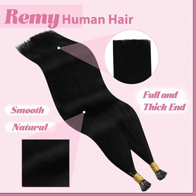 YoungSee I Tips Hair Extensions Human Hair Black Itip Hair Extensions Real Human Hair Jet Black 14 Inch 50g I Tip Hair Extension for Short Hair Easy to Wear 80s Remy Human Hair