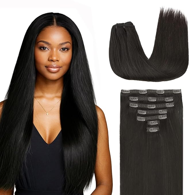 Lashey Clip in Hair Extensions Real Human Hair, 16 Inch #1B Natural Black 7pcs 120g, Human Hair Clip in Extensions Thick Straight Hair for Women