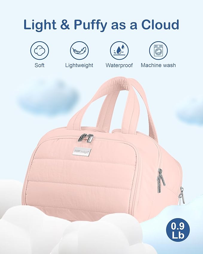 TOPDesign Travel Toiletry Bag for Women, Puffer Large Toiletry Bag, Lightweight Cosmetic Makeup Organizer with Handle for Traveling, Accessories, Essentials, Toiletries (Pink)