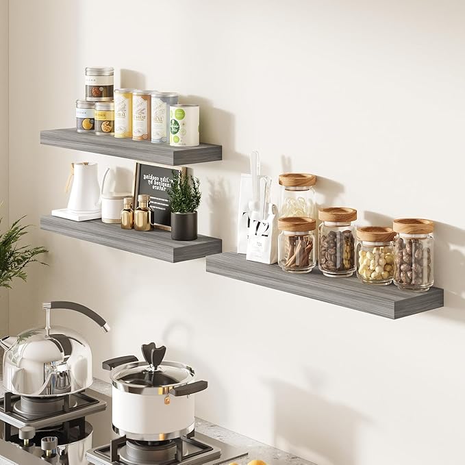 BAMEOS Floating Shelf,Wall Shelf,Decor Wall Mounted Shelves,Hanging Shelf Set of 3,L24xW6 for Bathroom Kitchen Living,Kitchen,Room Bedroom Storage,Walnut