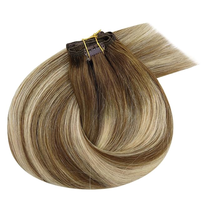 Ve Sunny Human Hair Clip in Extensions Natural Look Clip in Hair Extensions Balayage Real Human Hair Extensions Clip ins Chestnut Brown with Blonde Balayage Long Straight hair 120g 7pcs 22inch