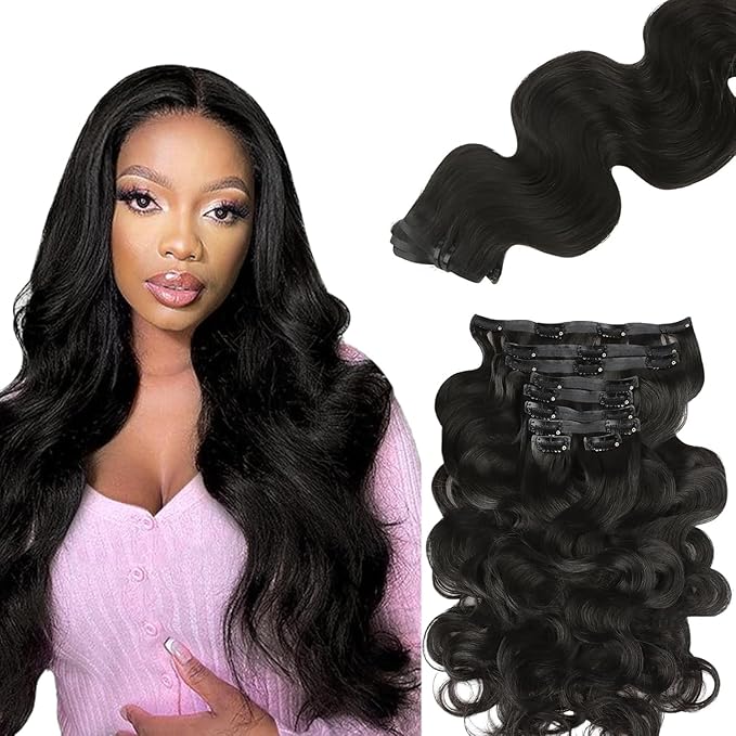 Lashey Seamless Clip in Hair Extensions Human Hair 9pcs 130g Body Wave 16 Inch Natural Black Clip in Hair Extensions for Women