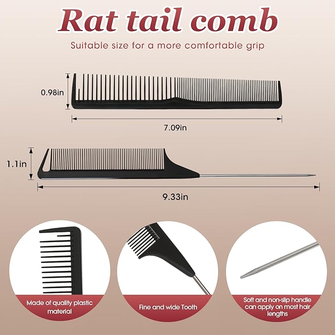 2Pcs Hair Combs for Women and Men，Combs for Hair Stylist, Professional Black Carbon Fiber Teasing Comb，Fine and Wide Tooth Barber Comb for All Hair Types（Style 1）