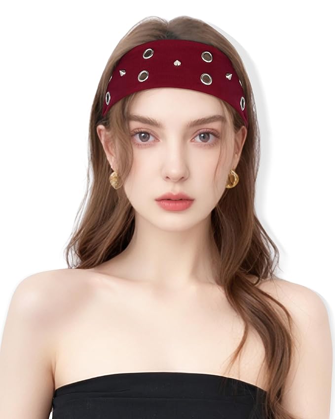 Grommet Headband for Women, Red Triangle Studs 23cm Hollow Out Elastic Hair Band, Eyelets Punk Grunge Stylish Hairband