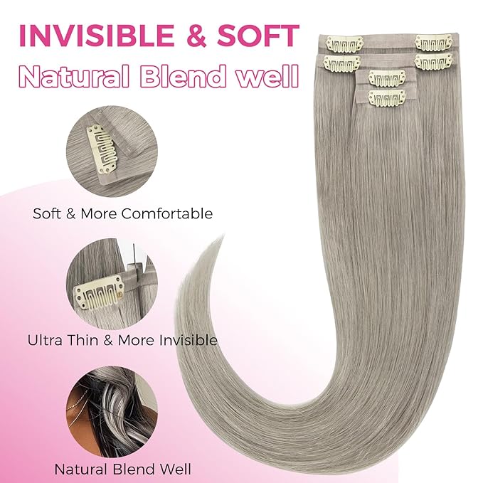 Lashey Seamless Clip in Hair Extensions Human Hair 4pcs 50g Grey 22 Inch Long Straight Clip in Hair Extensions Human Hair with Invisi Edge