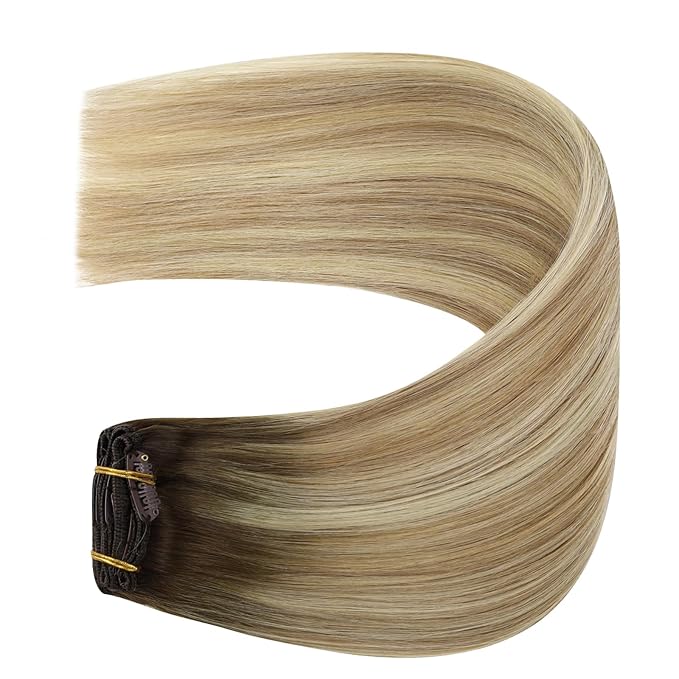 YoungSee Clip in Human Hair Extensions Brown Ombre Clip in Extensions Real Human Hair Walnut Ombre Light Brown with Blonde Balayage Real Hair Extensions Clip ins Human Hair 20Inch 120G 7Pcs