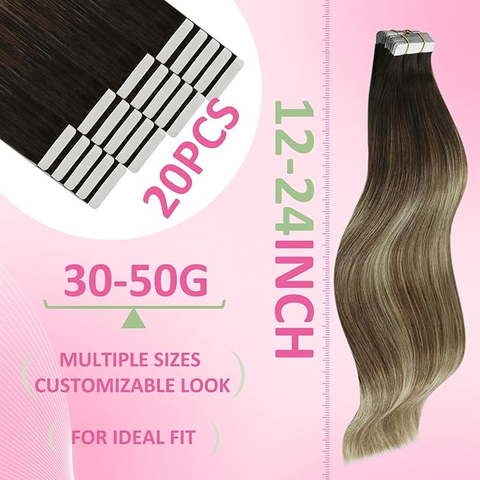 YoungSee Human Hair Tape in Extensions Balayage Tape in Hair Extensions Human Hair Dark Brown Ombre Blonde with Brown Tape-in Extension 16In 20pcs 50g Tapes Ins Human Hair Extension for Everyday Wear