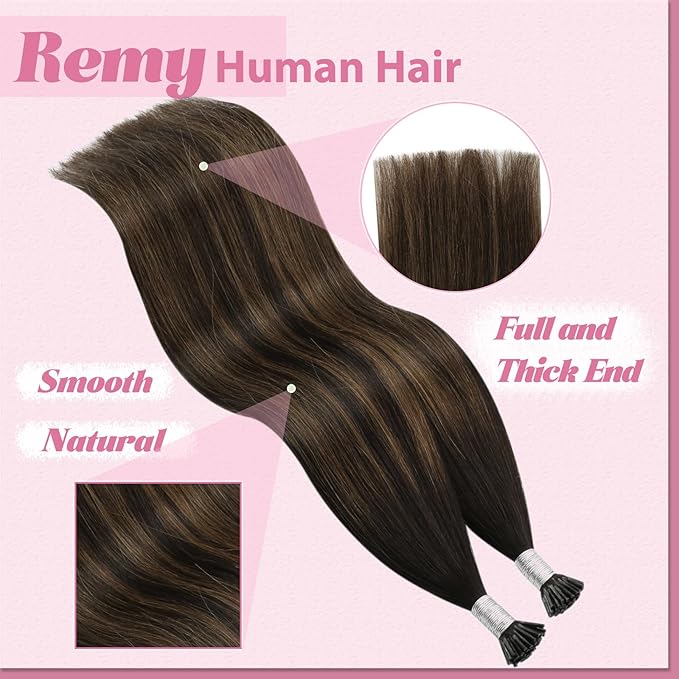 YoungSee I Tip Hair Extensions Ombre Brown I Tip Hair Extensions Human Hair Balayage Dark Brown with Brown Itip Human Hair Extension 18 Inch Ombre Pre Bonded Hair Extension Silky Straight 60s 50g