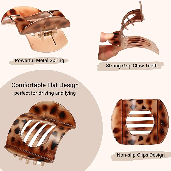 4 PCS Flat Claw Clips, Round Large Flat Hair Clips for Women,French Strong Hold Hair Barrettes for Thick Thin Hair(Leopard)