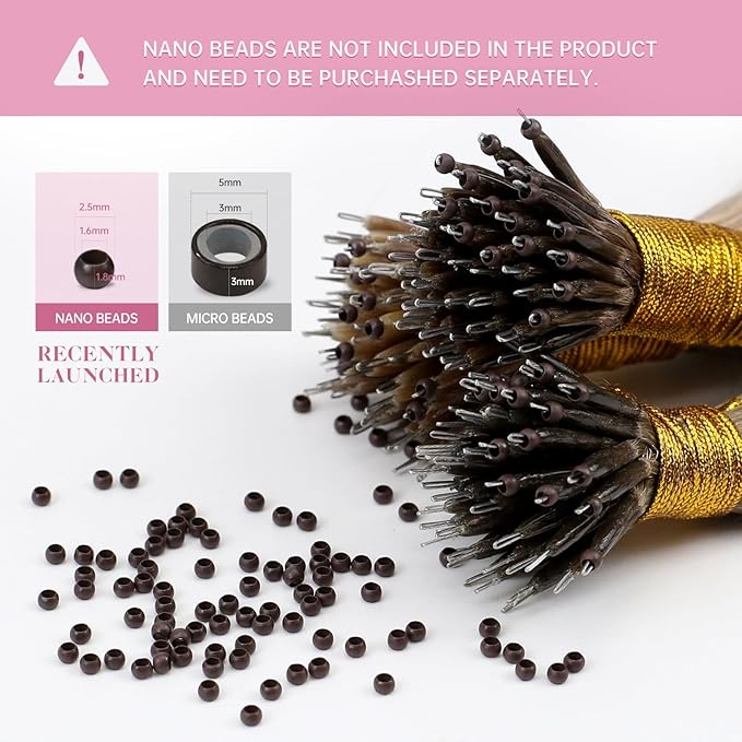 YoungSee Nano Ring Hair Extensions Brown Ombre Nano Bead Hair Extensions Human Hair Brown Ombre Light Brown with Blonde Nano-tip Hair Extension Cold Fusions 18inch for Date Nights 50s 50g