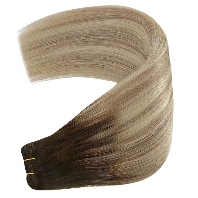 YoungSee 24Inch Weft Hair Extensions Human Hair Brown Roots to Gold Blonde Mix Platinum Blonde Sew in Hair Extensions Ombre Blonde Long Straight Hair Weft Extensions 100G