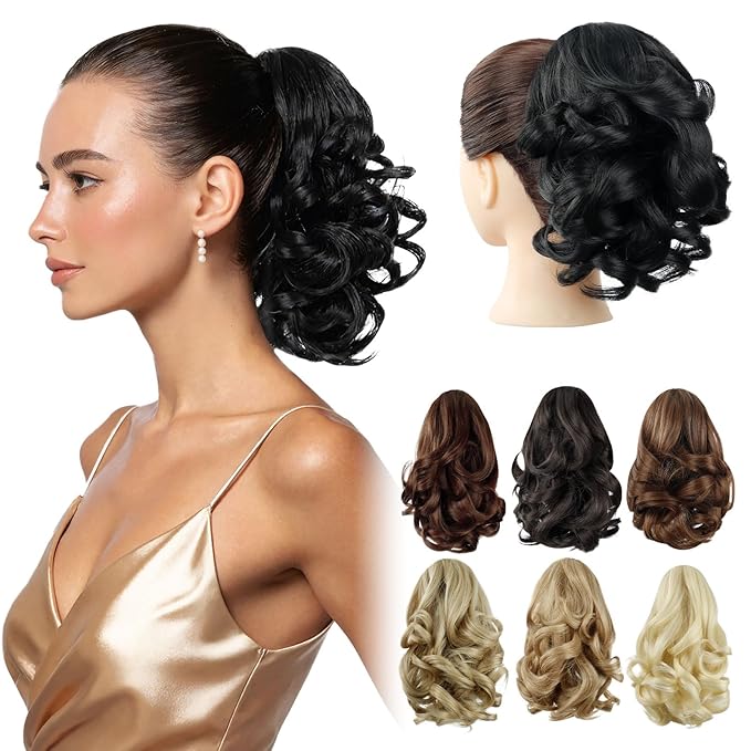Black Ponytail Extensions,9" Short Curly Wavy Claw Clip Pony tails Hair Extensions Natural Soft Synthetic Hairpiece for Women
