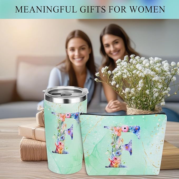 Personalized Gifts Monogrammed Birthday Gifts for Women, Aunt Grandma Retirement Christmas Initial 20 oz Tumbler, Makeup Bag Cup Ballpoint Pens Journal Notebook 6 Set, (Aesthetic Green Flower F)