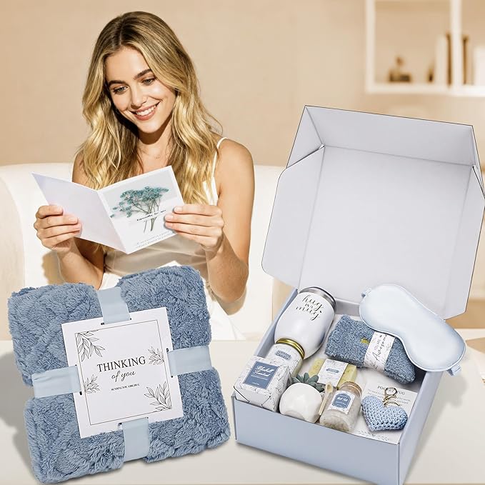Get Well Gifts for Women Self Care Gifts Basket - Relaxing Spa Care Package After Surgery Thinking of You Birthday Gift - Feel Better Sympathy Gift Set for Her Mom Sister Friend Wife (Blue)