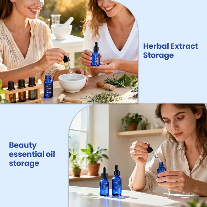 63 Pcs 1oz Blue Glass Dropper Bottles with Measurement, 30ml Leakproof Tincture Bottles with Funnels, Eye Droppers, Extra Caps & Labels, Refillable Empty Bottles for Tinctures, Essential Oils