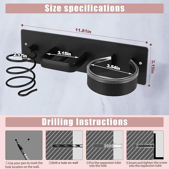 Hair Dryer Holder Wall Mounted 3in1 Hair Tool Organizer Blow Dryer Holder Bathroom Care Styling For Flat Iron,Curling Iron Matte Black