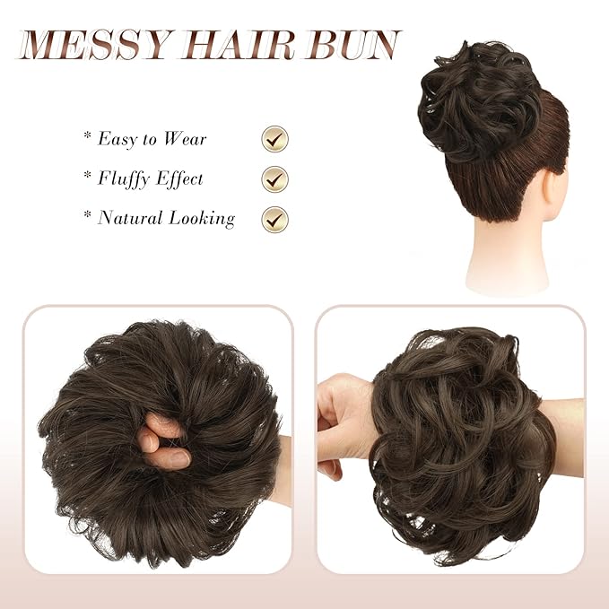 FESHFEN Messy Bun Hair Piece - Elastic Wavy Curly Hair Bun Scrunchies Extensions Synthetic Chignon Hairpieces for Women Girls, Medium Brown 1.5 oz
