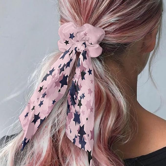 Pack of 2 Star Knotted Bow Hair Scrunchies Elastic Hair Scarf Green Pink Ribbon Scrunchies with Long Tails Stylish Silky Scrunchy Decor