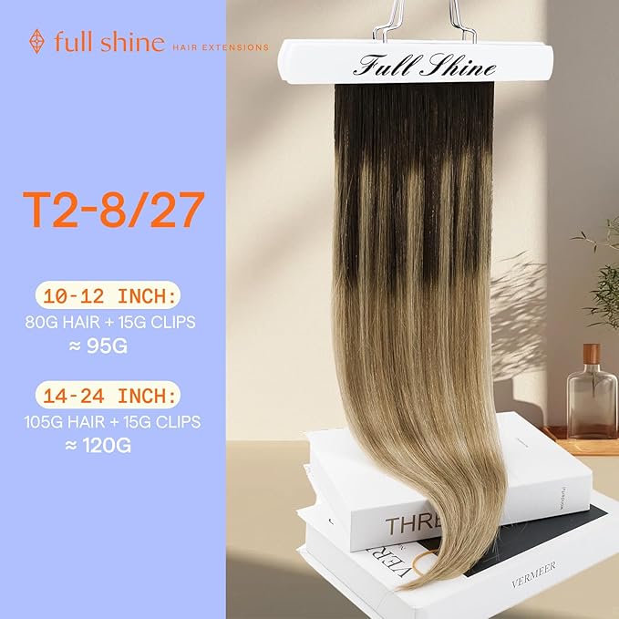 Full Shine Balayage Human Hair Clip in Extensions 16 Inch Clip in Real Hair Extensions Balayage Dark Brown to Caramel Blonde 7 Pcs 120 G