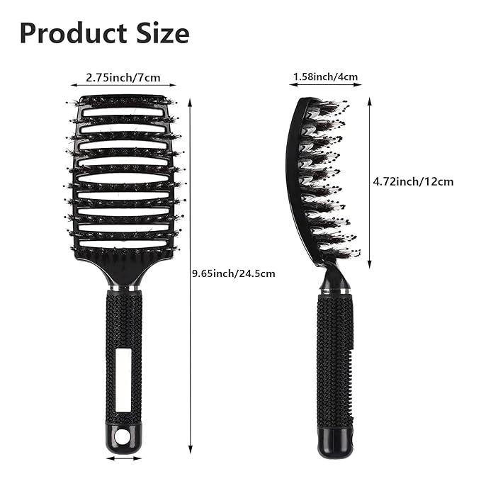Hair Brush, 2 Pack Boar Bristle, Vented, Curved, Fast Blow Drying, Detangling, Shine & Smooth, All Hair Types, Unisex, Pink & Black