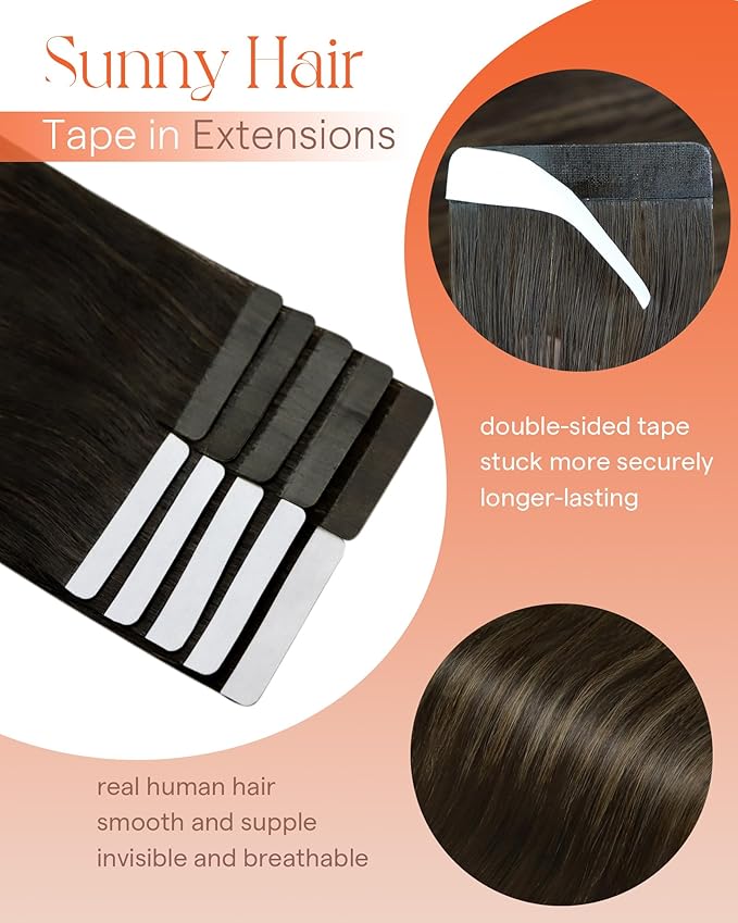Sunny Hair Tape in Hair Extensions Real Human Hair Invisible Remy Hair Extensions Tape ins for Women Darkest Brown Ombre Medium Brown Balayage 20 inch 25G