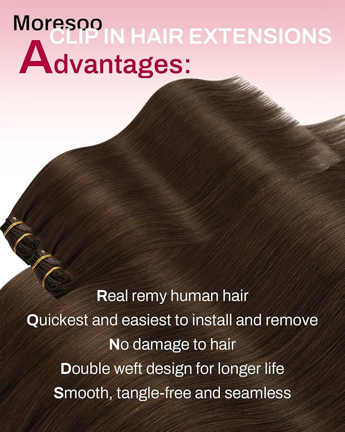 Moresoo Medium Brown Clip in Hair Extensions Remy Human Hair Brown Hair Extensions Clip ins Straight Double Weft for Wedding 80g/5pcs 18 inch