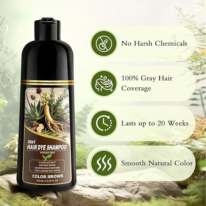 Brown Hair Color 3 in 1 Hair Dye Shampoo for Women Men Gray Hair Coverage, Natural Herbal Ingredients Semi-Permanent Hair Color Shampoo