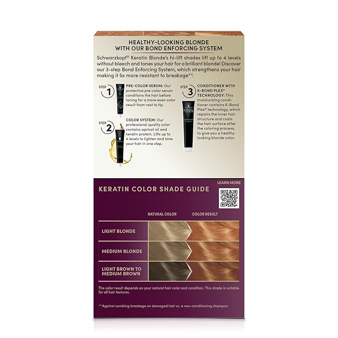 Schwarzkopf Keratin Blonde Hair Dye, 11.7 High Lift Apricot Blonde, Professional Quality Permanent Hair Color, Bond Enforcing System, Pre-Color Serum & Conditioner Included