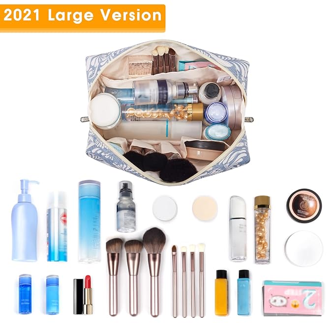Narwey Cute Makeup Bag Travel Cosmetic Bag Organizer Toiletry Bag Make Up Bags with Compartments for Women Girls (Large, Blue Leaf)