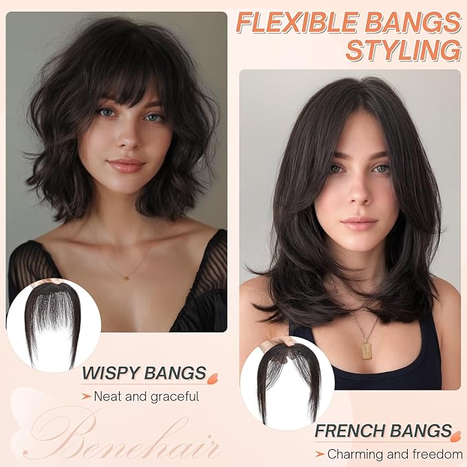 Benehair Clip on Bangs for Women Human Hair, Fake Bangs Clip Human hair, French Bangs Clip in Hair Extensions Hair Pieces with Temples for Daily Wear (Natural Black)