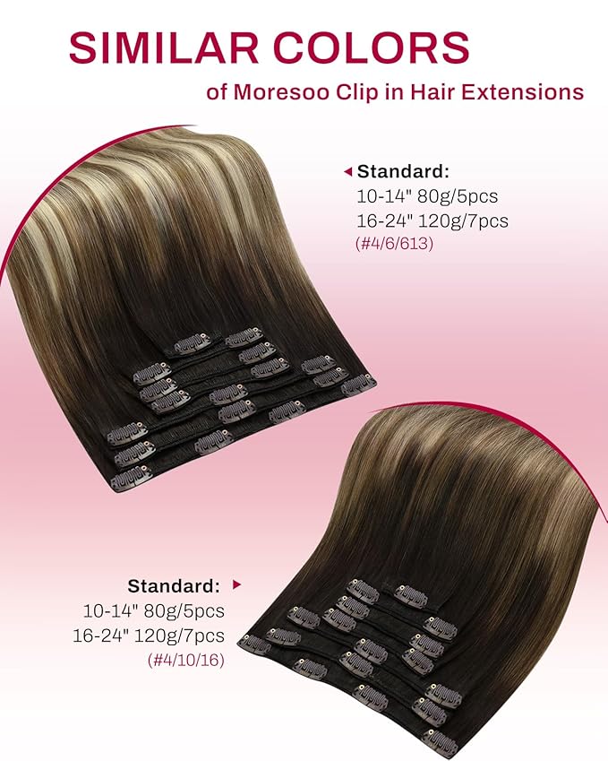 Moresoo Clip in Hair Extensions Ombre Human Hair Clip in Extensions Real Human Hair Dark Brown to Medium Brown with Bleach Blonde Balayage Short Remy Hair Extensions Double Weft 80g 5pcs 10in