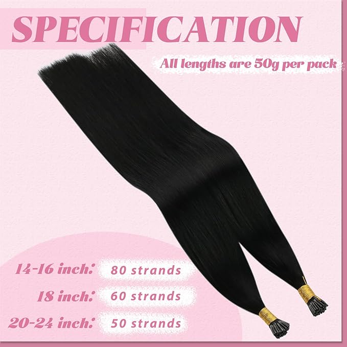 YoungSee I Tips Hair Extensions Human Hair Black Itip Hair Extensions Real Human Hair Jet Black 14 Inch 50g I Tip Hair Extension for Short Hair Easy to Wear 80s Remy Human Hair