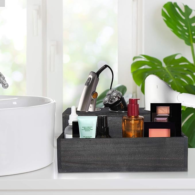 Wooden Hair Dryer Holder - Rustic Hair Tools Organizer with 3 Circular Holes and 1 Compartment, Bath Accessories Supplies Organizer for Bathroom Vanity Countertop Storage Hair Dryer, Vintage Black