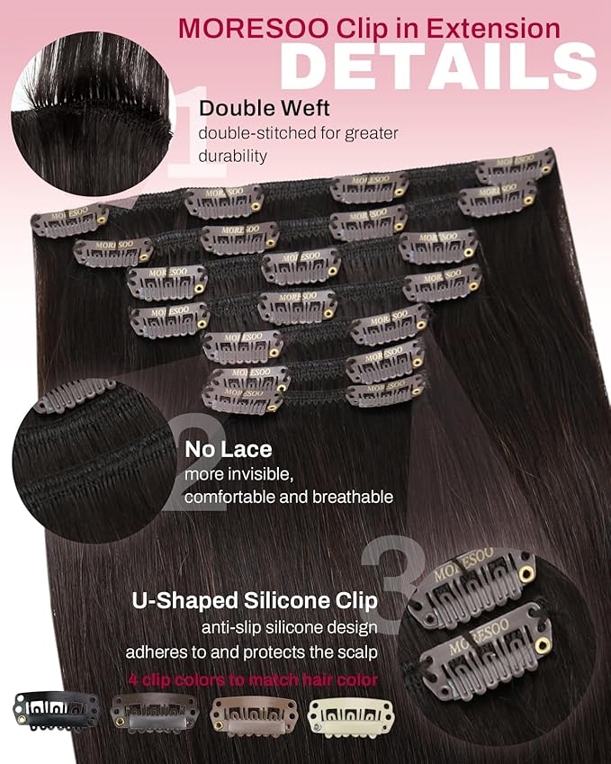 Moresoo Brown Hair Extensions Clip in Human Hair Full Head Remy Clip in Extensions Brown Doube Weft Hair Extensions Real Human Hair Clip ins Dark Brown #2 7pcs/150g 24inch