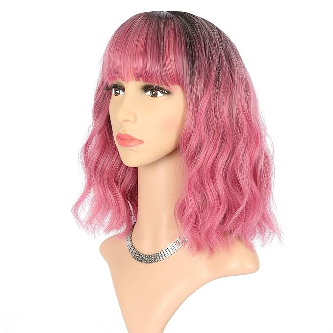 FAELBATY Ombre Red Wig With Bangs Short Wave Bob Synthetic Cosplay Wig for Women Halloween - 12" Ombre Rose Red Color