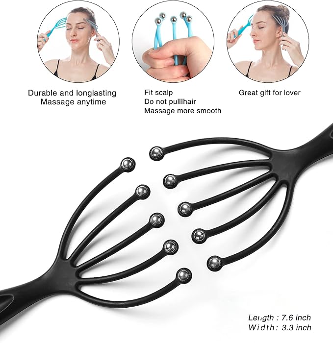 Head Massager,Protable Handheld SPA Scalp Massage Tool for Deep Relaxation & Stress Reduction Wet and Dry in The Office Home SPA (2-Pack) (Black Black)