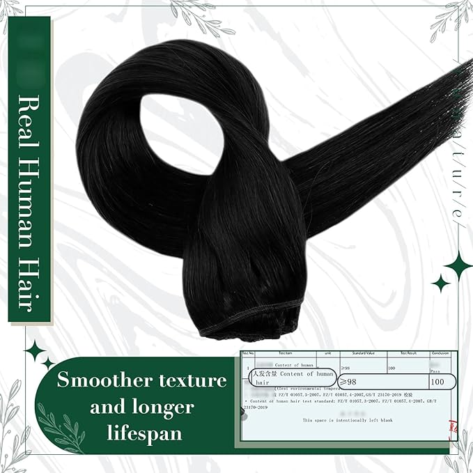 RUNATURE Clip in Hair Extensions Real Human Hair Black, Natural Hair Clip in Extensions for Women, Double Weft Black Hair Extensions 16 Inch 50g 3pcs #1B