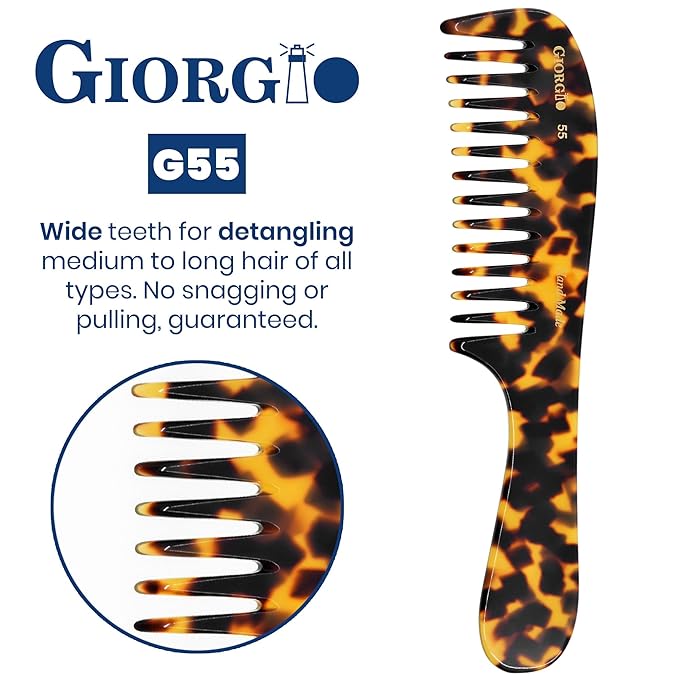 Giorgio G55 Wide Tooth Detangler Comb for Wet Hair, Hair Comb for Thin to Medium Hair, Hair Combs for Women and Men, Large Tooth Rake Comb Handmade Saw-Cut and Hand Polished