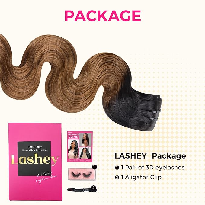Lashey Seamless Clip in Extensions 110g 7pcs Body Wave Ombre Natural Black to Medium Auburn Clip in Hair Extensions Human Hair 20 Inch Natural Soft Hair Extensions for Women