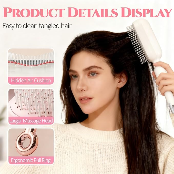 Self Cleaning Hair Brush, Retractable Hair Brush, Massage Comb With Retractable Bristles,Ergonomic Handle Hair Comb,One-pull Clean Anti Static Brushs, Hairs Styling Tools for All Hairs Types (Pink)