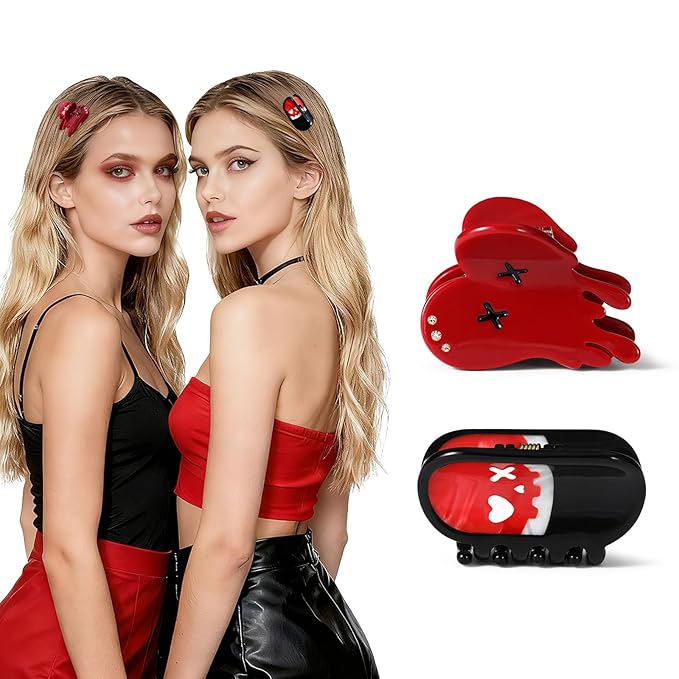 Italian Designer Original Acetate Hair Claw Clips for Women - Mini Cute GothicHair Accessories Bleeding Heart & Pill, Halloween Spooky, Plant-Based, Gift Boxed, 2-Pack