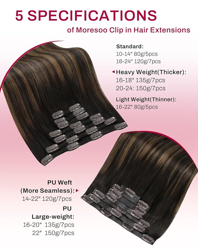 Moresoo Clip in Hair Extensions Real Human Hair Balayage Double Weft Clip in Extensions Ombre Dark Brown Mixed with Chestnut Brown Hair Extensions Clip ins Human Hair 7pcs/150g 20inch