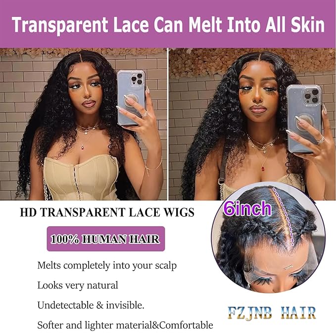 32 Inch Deep Wave Lace Front Wigs Human Hair, 13x6 HD Lace, 200% Density, Curly, Water Wave, Glueless, Black, Female, 1 Count