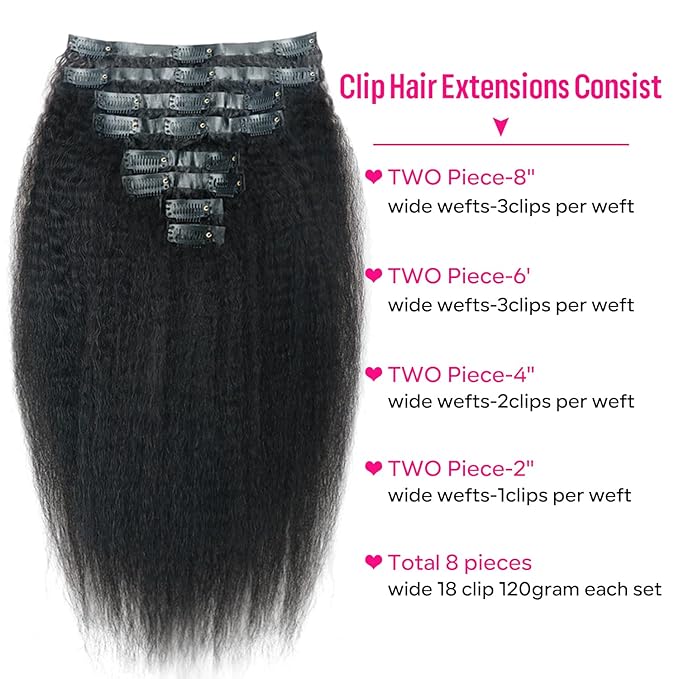 Seamless Kinky Straight Clip in Hair Extensions for Black Women Brazilian Virgin Human Hair Extensions 8Pcs Seamless Clip ins Human Hair with 18Clips Invisible PU Skin Weft 120g 16inch Natural Black