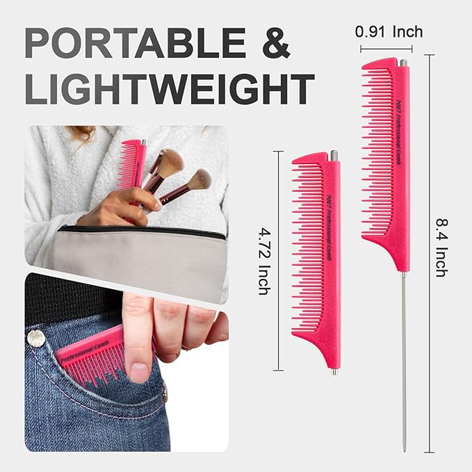 Rat Tail Combs for Parting,Protable Retractable Rat Tail Comb-Parting Combs for Hair Stylist-Stainless Steel Pin Tail Fine Tooth Teasing Comb Heat Resistant Anti Static(Pink)