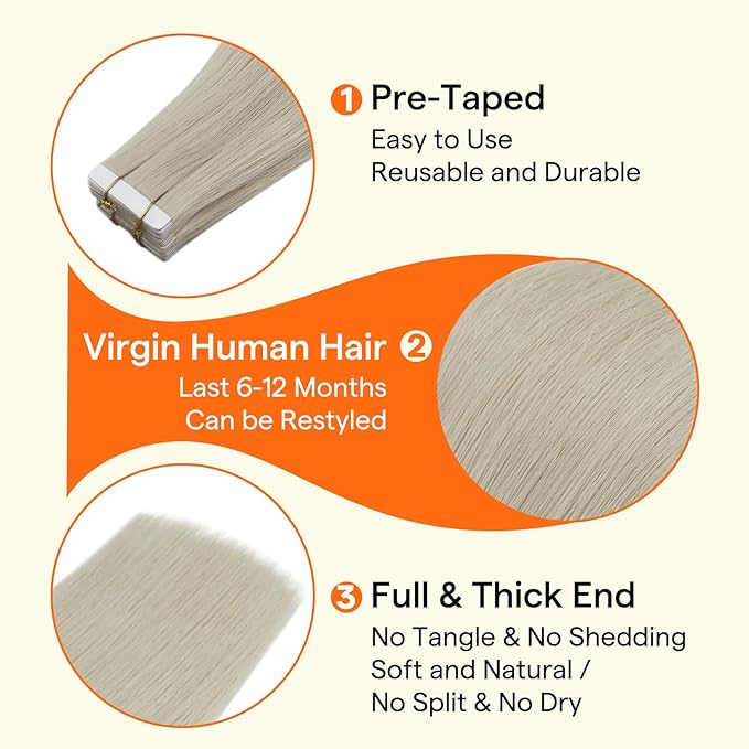 Full Shine Virgin Tape in Hair Extensions Human Hair Color White Blonde Double Sided Insert Virgin Hair Invisible Tape in Extensions Blonde Hair Extensions 20Pcs 30G 12Inch for Chic Makeover