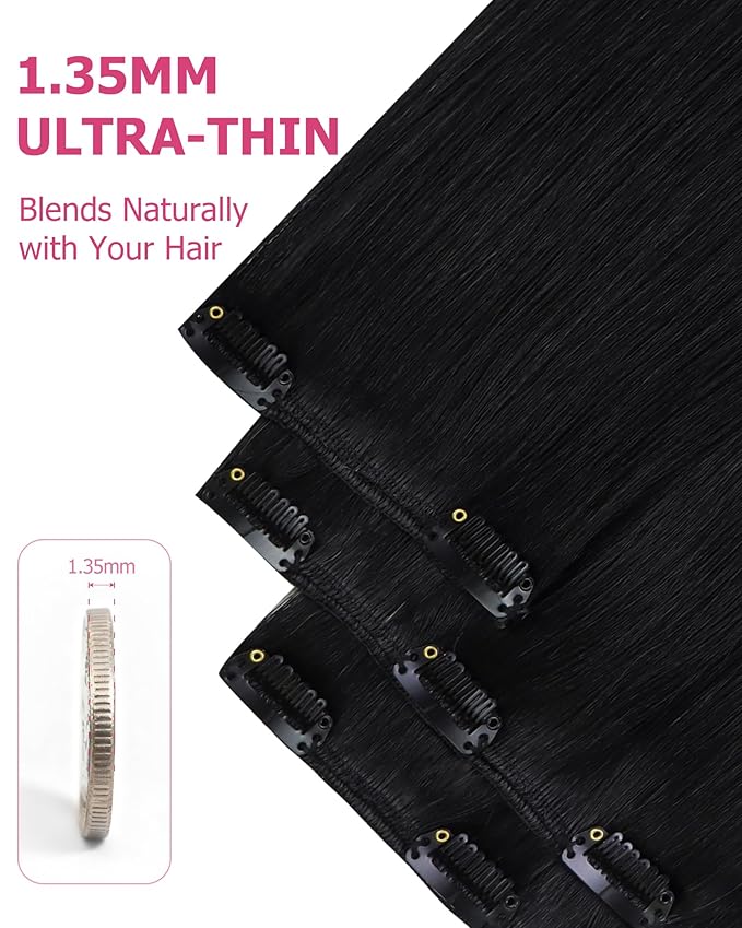 YoungSee 150G Clip in Hair Extensions Real Human Hair Jet Black Clip Hair Extensions Human Hair Black Invisible Clip in Extension Remy Hair Silky Straight for Women 20Inch 7Pcs