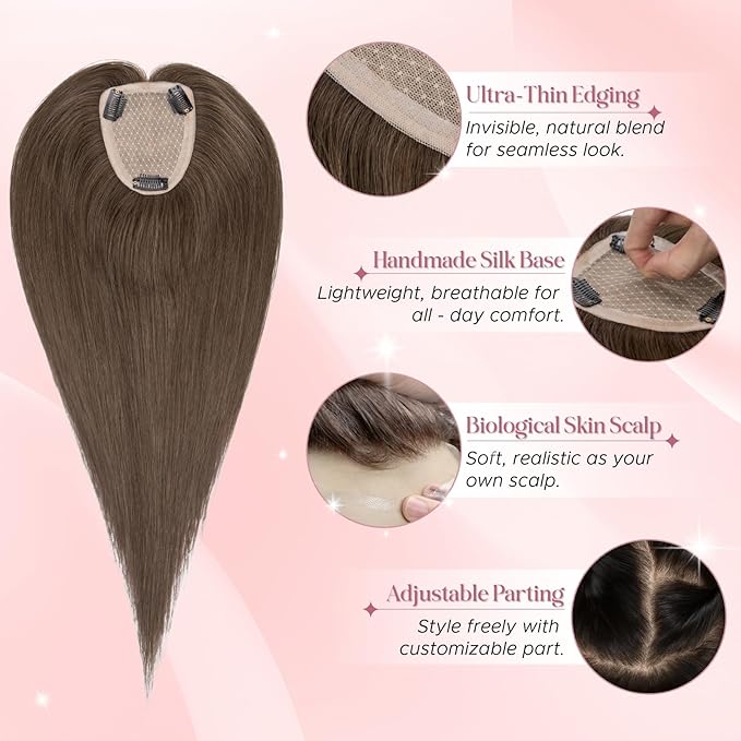 Real Human Hair Toppers for Women 3.54"*4.72" Silky Base 150% Density No Bangs Adjustable Parting Clip-In Topper Hairpieces for Women with Thinning Hair 16 Inches Natural Brown