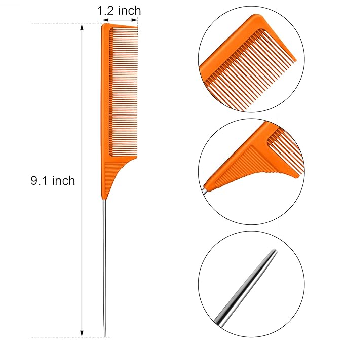 Leinuosen 3 Packs Rat Tail Comb Steel Pin Rat Tail Carbon Fiber Heat Resistant Teasing Combs with Stainless Steel Pintail (Purple, Orange, Yellow)