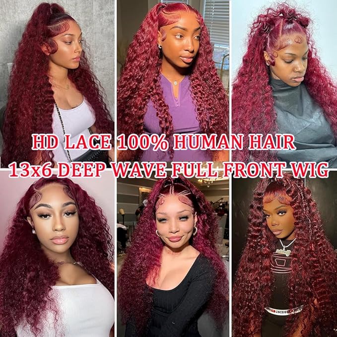 18 Inch Burgundy Deep Wave Lace Front Wigs Human Hair 13x6 HD Frontal Human Hair Red Curly Lace Front Pre Plucked Burgundy Deep Curly Wigs For Black Women 200 Density